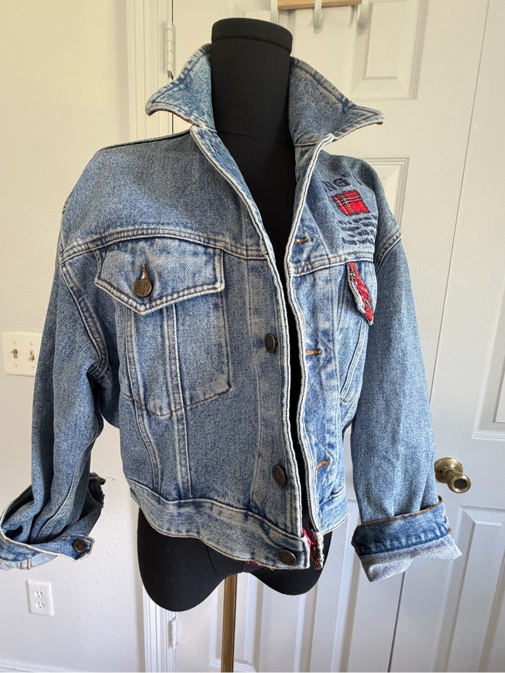 Vintage Made in Italy Kings Denim Jacket 90s Grunge Plaid Patchwork Oversized L